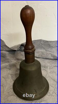 Antique Large Bronze Hand Held School Dinner Church Bell Wood Handle 12