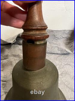 Antique Large Bronze Hand Held School Dinner Church Bell Wood Handle 12
