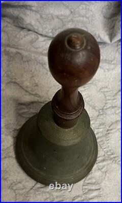 Antique Large Bronze Hand Held School Dinner Church Bell Wood Handle 12