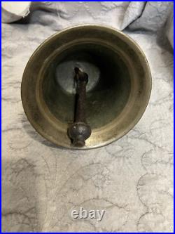Antique Large Bronze Hand Held School Dinner Church Bell Wood Handle 12