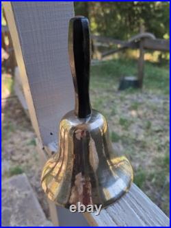 Antique Large Cast Brass bronze Hand Held Bell Wood Handle schoolmaster's 19th