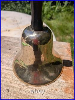 Antique Large Cast Brass bronze Hand Held Bell Wood Handle schoolmaster's 19th