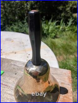 Antique Large Cast Brass bronze Hand Held Bell Wood Handle schoolmaster's 19th