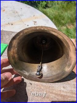 Antique Large Cast Brass bronze Hand Held Bell Wood Handle schoolmaster's 19th