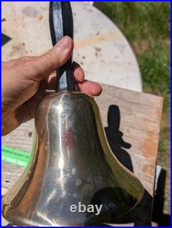 Antique Large Cast Brass bronze Hand Held Bell Wood Handle schoolmaster's 19th