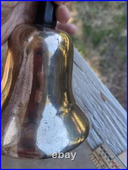 Antique Large Cast Brass bronze Hand Held Bell Wood Handle schoolmaster's 19th