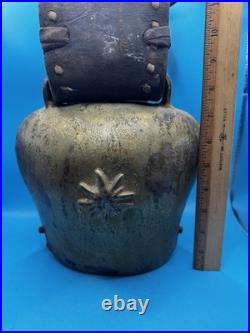 Antique Large Iron Cowbell Original Studded Leather Collar Embossed Star Farm Antique Large Iron Cowbell Original Studded Leather Collar Embossed Star Farm