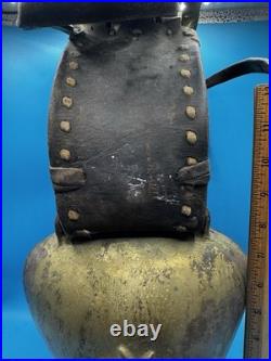 Antique Large Iron Cowbell Original Studded Leather Collar Embossed Star Farm
