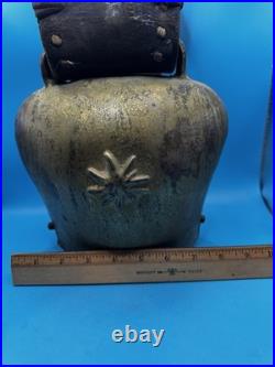 Antique Large Iron Cowbell Original Studded Leather Collar Embossed Star Farm