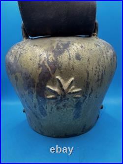 Antique Large Iron Cowbell Original Studded Leather Collar Embossed Star Farm