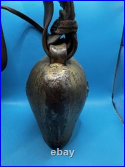 Antique Large Iron Cowbell Original Studded Leather Collar Embossed Star Farm