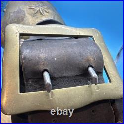 Antique Large Iron Cowbell Original Studded Leather Collar Embossed Star Farm