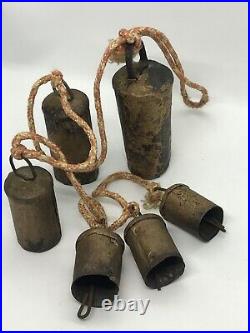 Antique Late 19th. C Set of 6 Handmade Copper Metal Goat or Cowbells in Lanyard