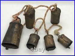 Antique Late 19th. C Set of 6 Handmade Copper Metal Goat or Cowbells in Lanyard