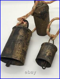 Antique Late 19th. C Set of 6 Handmade Copper Metal Goat or Cowbells in Lanyard