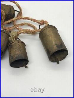 Antique Late 19th. C Set of 6 Handmade Copper Metal Goat or Cowbells in Lanyard