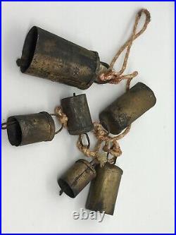 Antique Late 19th. C Set of 6 Handmade Copper Metal Goat or Cowbells in Lanyard