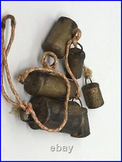 Antique Late 19th. C Set of 6 Handmade Copper Metal Goat or Cowbells in Lanyard