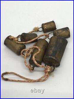 Antique Late 19th. C Set of 6 Handmade Copper Metal Goat or Cowbells in Lanyard