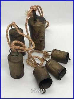 Antique Late 19th. C Set of 6 Handmade Copper Metal Goat or Cowbells in Lanyard