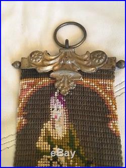 Antique Late Victorian Cross Stitch Needlepoint Bell Pull Brass Brackets