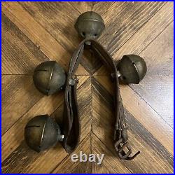 Antique Leather Strap Collar With 4 Brass Bells? 2.75 And 2.5 Bells
