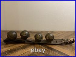 Antique Leather Strap Collar With 4 Brass Bells? 2.75 And 2.5 Bells
