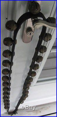 Antique Leather Strap Of 27 Brass Sleigh Bells With Hook To Latch Together Nice