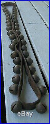 Antique Leather Strap Of 36 Brass Sleigh Bells, Great Sound