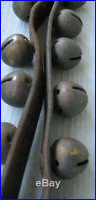 Antique Leather Strap Of 36 Brass Sleigh Bells, Great Sound