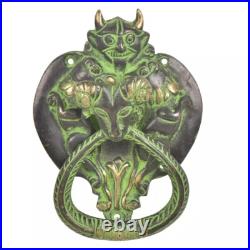 Antique Look Brass Green Patina Demon Two Lions Ram Head Door Knocker Door Bell