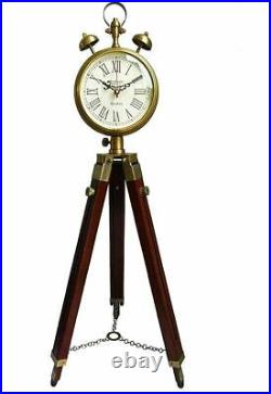 Antique Look Tripod Clock with Stand Brass and Brown Two Bell Wooden & Metal