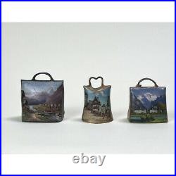 Antique Miniature Swiss Brass Bells with Oil Landscapes, Dated 1905 (Set of 3)