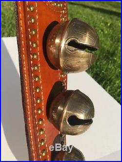Antique Ns Brass Horse Sleigh Bells Jingle Alert Door Hanger Tan Leather Strap