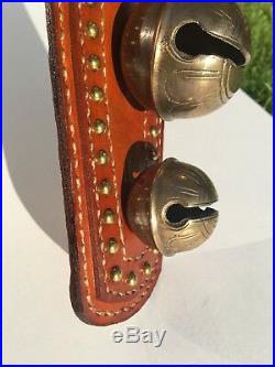 Antique Ns Brass Horse Sleigh Bells Jingle Alert Door Hanger Tan Leather Strap