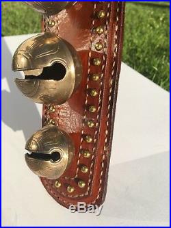 Antique Ns Brass Horse Sleigh Bells Jingle Alert Door Hanger Tan Leather Strap