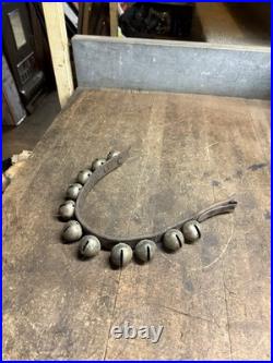 Antique Old Rare Primitive Brass Horse Sleigh Bells Leather Strap Hardware USA