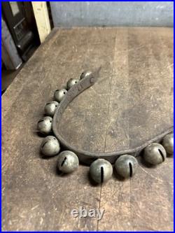 Antique Old Rare Primitive Brass Horse Sleigh Bells Leather Strap Hardware USA