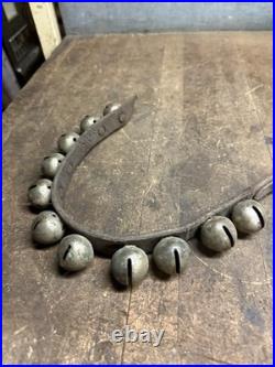 Antique Old Rare Primitive Brass Horse Sleigh Bells Leather Strap Hardware USA