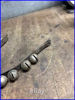 Antique Old Rare Primitive Brass Horse Sleigh Bells Leather Strap Hardware USA