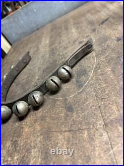 Antique Old Rare Primitive Brass Horse Sleigh Bells Leather Strap Hardware USA