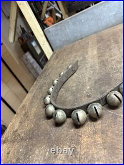 Antique Old Rare Primitive Brass Horse Sleigh Bells Leather Strap Hardware USA