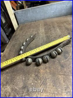 Antique Old Rare Primitive Brass Horse Sleigh Bells Leather Strap Hardware USA