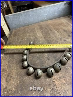 Antique Old Rare Primitive Brass Horse Sleigh Bells Leather Strap Hardware USA
