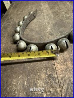 Antique Old Rare Primitive Brass Horse Sleigh Bells Leather Strap Hardware USA
