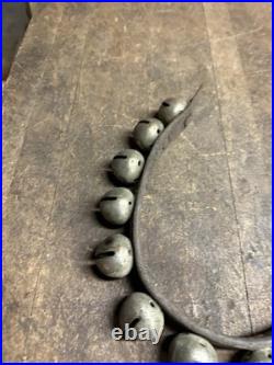 Antique Old Rare Primitive Brass Horse Sleigh Bells Leather Strap Hardware USA