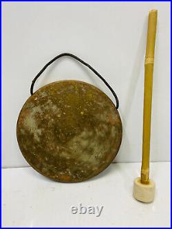 Antique Original Brass Round Vintage Ship Gong Bell with Stick Made In MARK