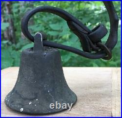Antique PATENT 1890 BRASS COW BELL BULL Iron metal donger leather strap