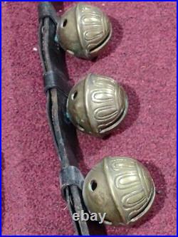 Antique Pair Brass Horse Sleigh Bells Leather strap Brass Bells Graduating Size