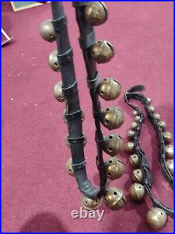 Antique Pair Brass Horse Sleigh Bells Leather strap Brass Bells Graduating Size